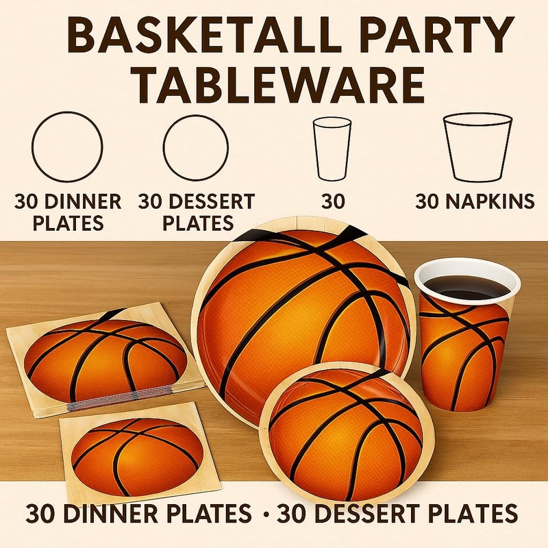 Oojami Serves 30 Guests 9" Dinner & 7" Dessert Plates, 9 oz Cups, 3-Ply Napkins - Complete Tableware Set for Kids' and Adults Sports-Themed basketball Birthday Parties & Events - Image 2